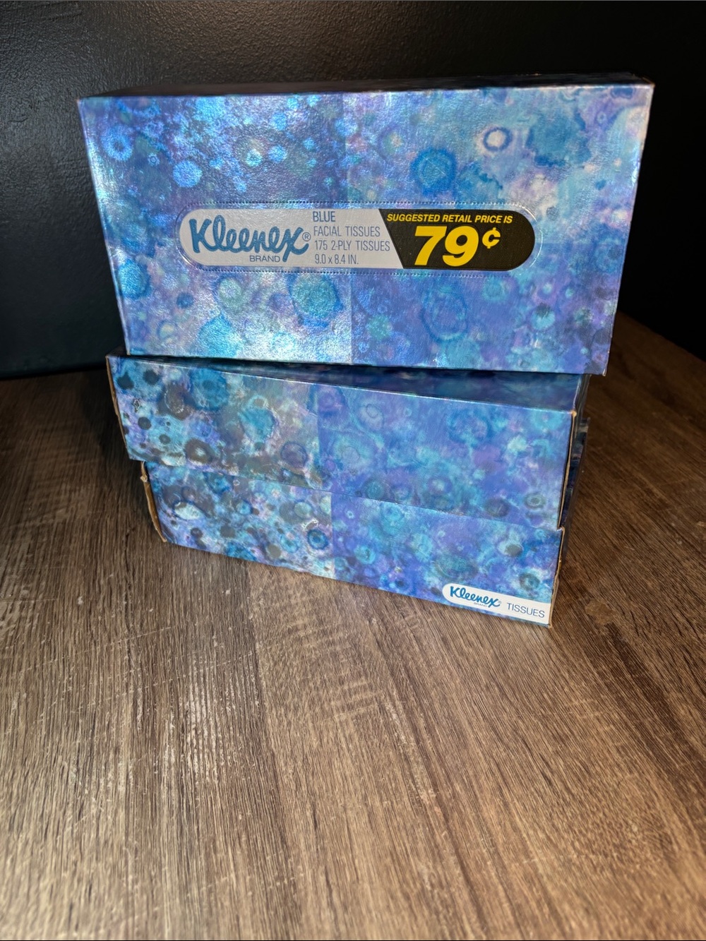 3 Vtg Yellow Kleenex Tissue Blue Box 175 2-Ply Tissues Shiny Foil Look Box